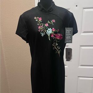 Karin Stevens Black Maxi Dress with Floral Embroidery